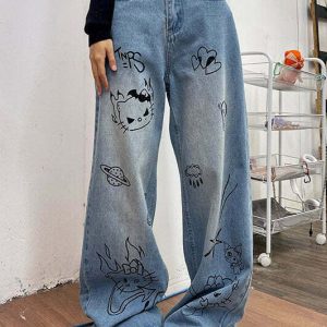 Y2K Grunge Aesthetic Blue Cat Jeans - Retro 90s Fashion, Summer Outfits, and More