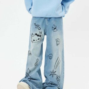 Y2K Grunge Aesthetic Blue Cat Jeans - Retro 90s Fashion, Summer Outfits, and More