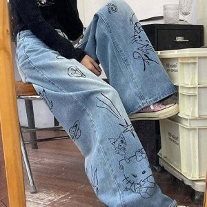 Y2K Grunge Aesthetic Blue Cat Jeans - Retro 90s Fashion, Summer Outfits, and More