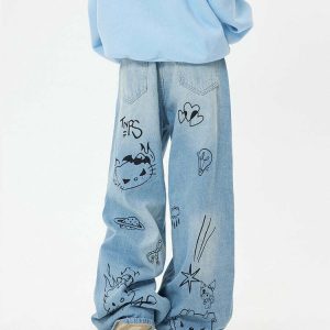 Y2K Grunge Aesthetic Blue Cat Jeans - Retro 90s Fashion, Summer Outfits, and More