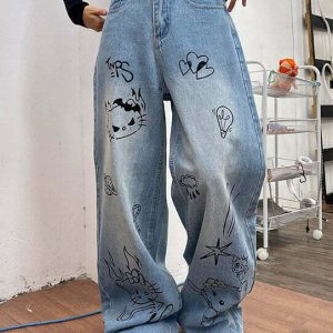 Y2K Grunge Aesthetic Blue Cat Jeans - Retro 90s Fashion, Summer Outfits, and More