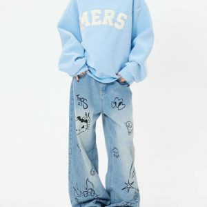 Y2K Grunge Aesthetic Blue Cat Jeans - Retro 90s Fashion, Summer Outfits, and More