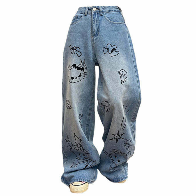 Y2K Grunge Aesthetic Blue Cat Jeans - Retro 90s Fashion, Summer Outfits, and More