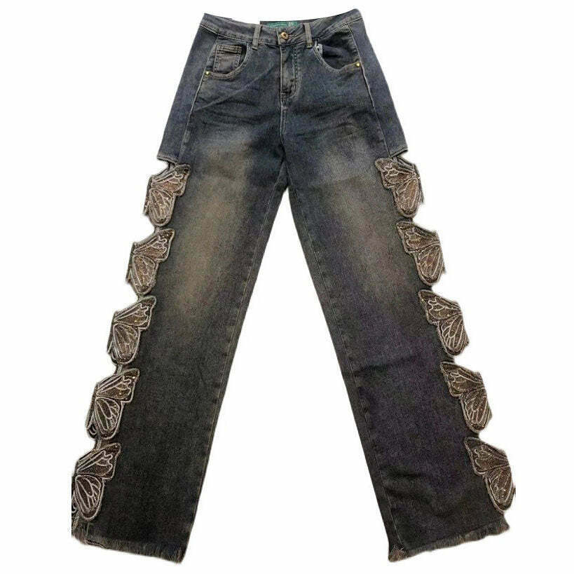 Y2K Grunge Aesthetic Butterfly Cut Out Jeans - Retro 90s Fashion, Summer Y2K Outfits