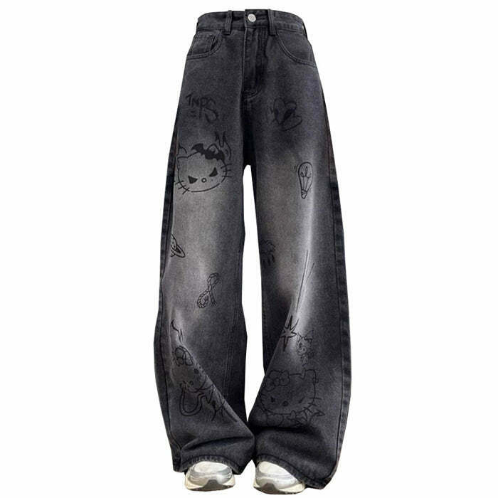 Y2K Grunge Aesthetic Cat Jeans - Retro 90s Fashion, Summer Outfits, and Hip Hop Style