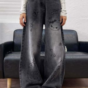 Y2K Grunge Aesthetic Cat Jeans - Retro 90s Fashion, Summer Outfits, and Hip Hop Style