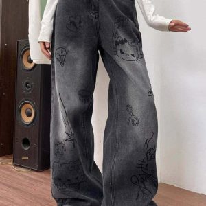 Y2K Grunge Aesthetic Cat Jeans - Retro 90s Fashion, Summer Outfits, and Hip Hop Style