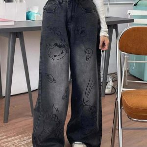 Y2K Grunge Aesthetic Cat Jeans - Retro 90s Fashion, Summer Outfits, and Hip Hop Style