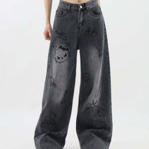 Y2K Grunge Aesthetic Cat Jeans - Retro 90s Fashion, Summer Outfits, and Hip Hop Style