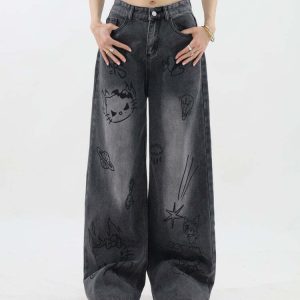 Y2K Grunge Aesthetic Cat Jeans - Retro 90s Fashion, Summer Outfits, and Hip Hop Style