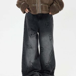 Y2K Grunge Aesthetic Cat Jeans - Retro 90s Fashion, Summer Outfits, and Hip Hop Style