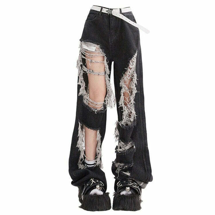 Y2K Grunge Aesthetic Destroyed Jeans - Retro 90s Fashion, Summer Y2K Outfits, Gothic