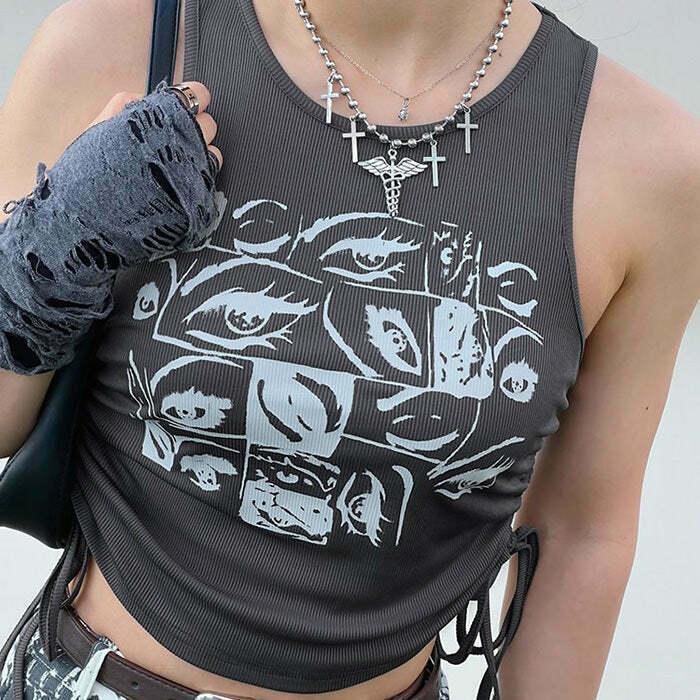 Y2K Grunge Aesthetic Eyes Print Top - 90s Fashion, Retro Style, Y2K Summer Outfits