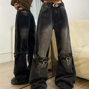 Y2K Grunge Aesthetic Knee Buckle Jeans - 90s Retro Summer Outfit, Y2K Club & Party