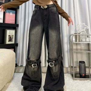 Y2K Grunge Aesthetic Knee Buckle Jeans - 90s Retro Summer Outfit, Y2K Club & Party