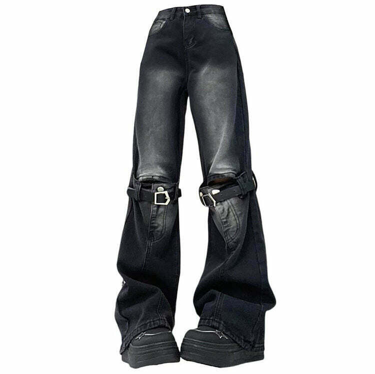 Y2K Grunge Aesthetic Knee Buckle Jeans - 90s Retro Summer Outfit, Y2K Club & Party