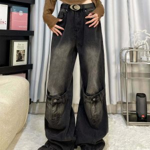 Y2K Grunge Aesthetic Knee Buckle Jeans - 90s Retro Summer Outfit, Y2K Club & Party