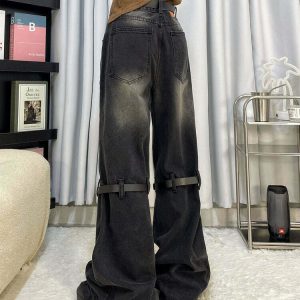 Y2K Grunge Aesthetic Knee Buckle Jeans - 90s Retro Summer Outfit, Y2K Club & Party