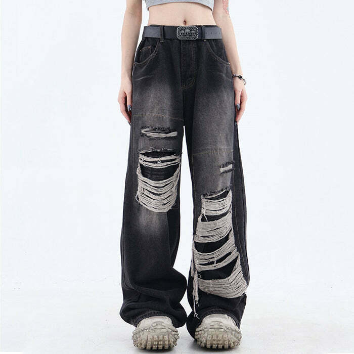 Y2K Grunge Aesthetic Ripped Wide Jeans - 90s Retro Summer Outfit, Y2K Club & Party