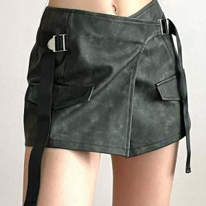 Y2K Grunge Aesthetic Safety Belt Wrap Skirt - 90s Fashion, Retro Style, Y2K Summer