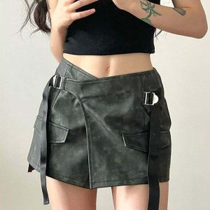 Y2K Grunge Aesthetic Safety Belt Wrap Skirt - 90s Fashion, Retro Style, Y2K Summer