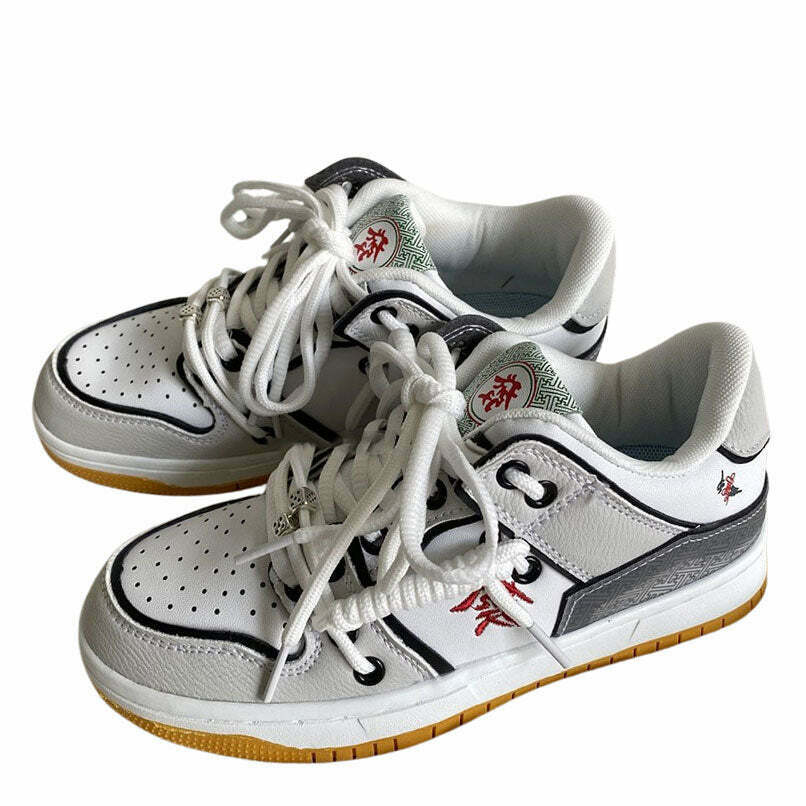 Y2K Grunge Aesthetic Sneakers - Hieroglyph Embroidery, Retro 90s Fashion, Pastel Goth Style