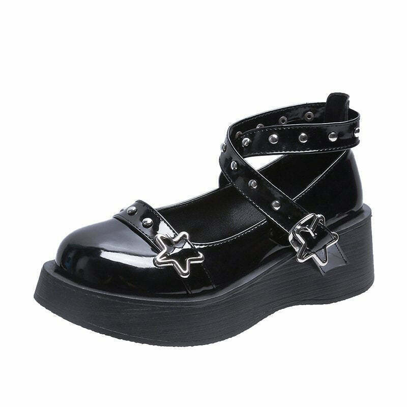 Y2K Grunge Aesthetic Star Buckle Shoes - Retro 90s Fashion, Gothic Y2K, Summer Out