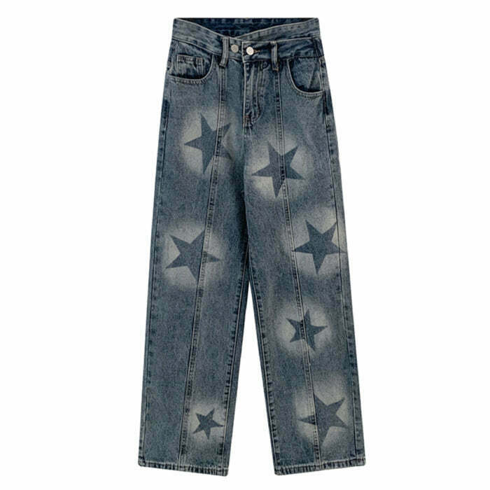 Y2K Grunge Aesthetic Star Washed Jeans - Retro 90s Fashion, Summer Y2K Outfits