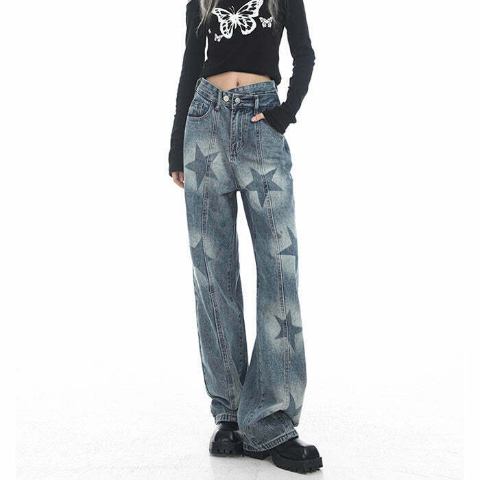 Y2K Grunge Aesthetic Star Washed Jeans - Retro 90s Fashion, Summer Y2K Outfits