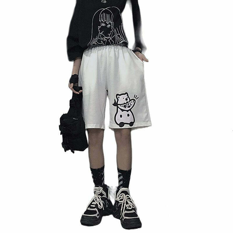 Y2K Grunge Alt Bear Print Shorts - Retro 90s Fashion, Summer Y2K Outfits, Pastel