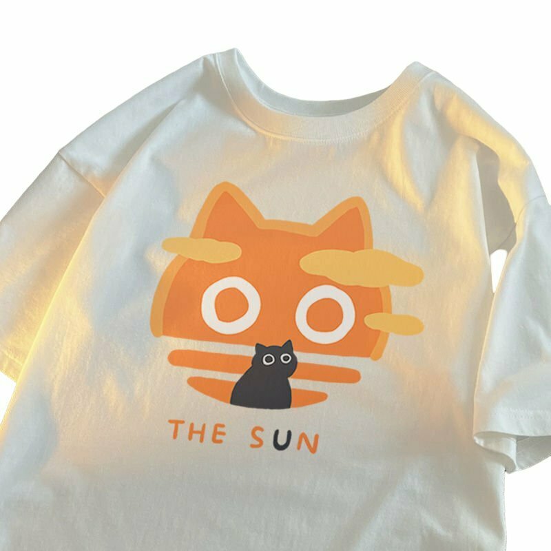 Y2K Grunge Anime Cat Cotton T-Shirt - Retro 90s Summer Outfit, Pastel Goth, Hip Hop Fashion