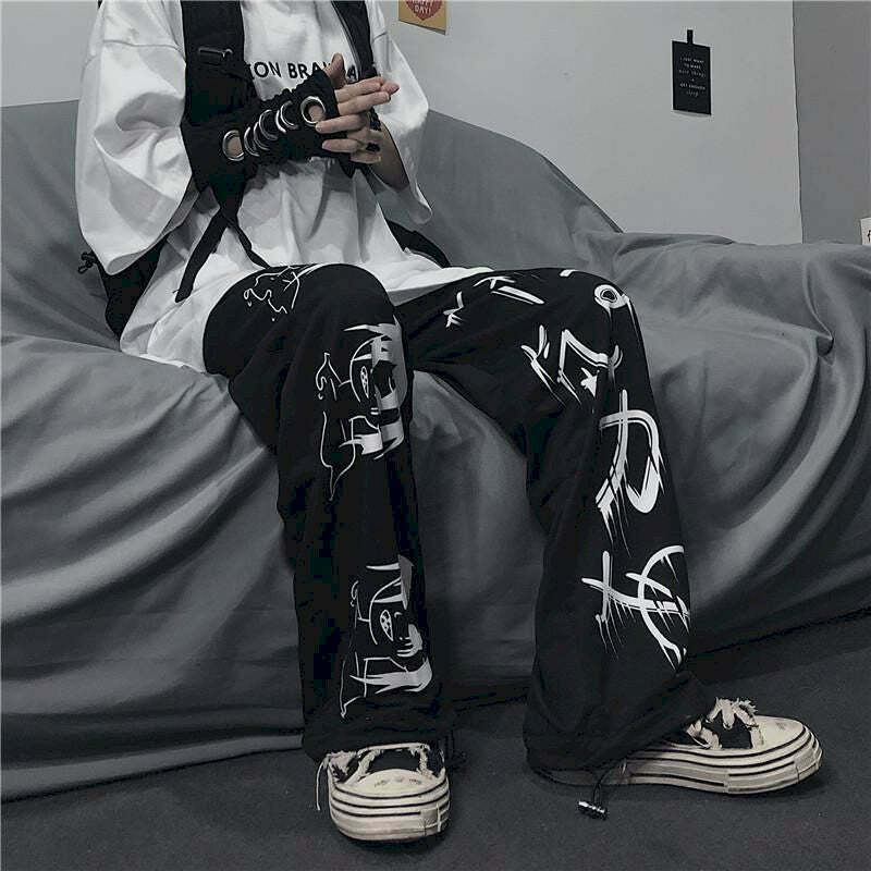 Y2K Grunge Anime Goth Black Pants - Retro 90s Fashion, Summer Y2K Outfits, Pastel