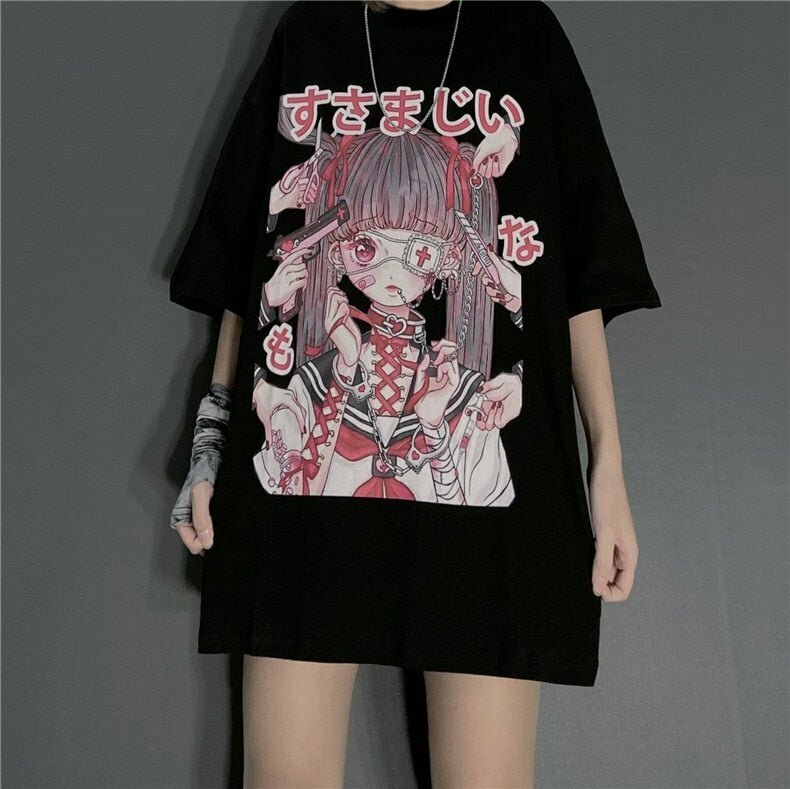 Y2K Grunge Anime Print T-Shirt - Retro 90s Summer Outfit, Pastel Goth, Hip Hop Fashion