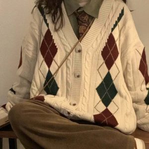 Y2K Grunge Argyle Cardigan - Retro 90s Fashion, Summer Outfits, and Pastel Goth Style