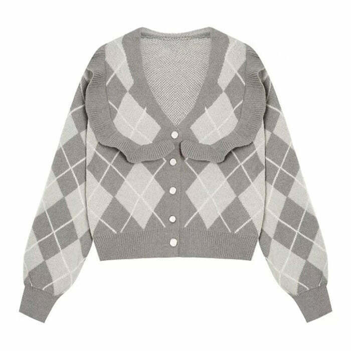 Y2K Grunge Argyle Cardigan - Retro 90s Fashion, Summer Y2K Outfits, Pastel