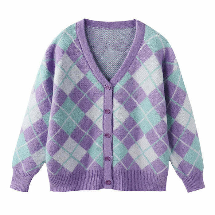 Y2K Grunge Argyle Cardigan - Retro 90s Summer Outfit, Pastel Goth, Y2K Fashion