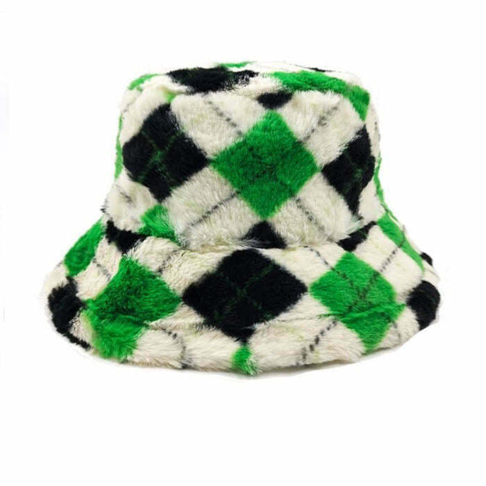 Y2K Grunge Argyle Check Fluffy Bucket Hat - Retro 90s Fashion, Pastel Goth, Summer Y