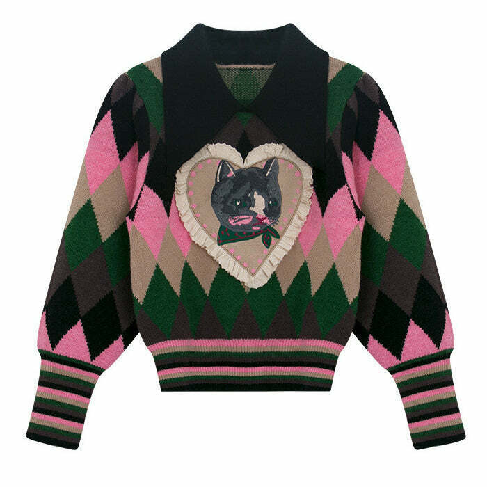 Y2K Grunge Argyle Collar Jumper - Retro 90s Fashion, Preppy Cat, Summer Y2K