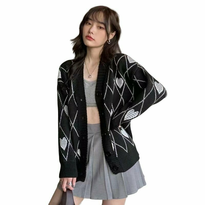 Y2K Grunge Argyle Heart Knitted Cardigan - Retro 90s Fashion, Summer Y2K Outfits