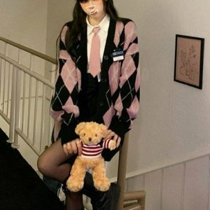 Y2K Grunge Argyle Pink Cardigan Sweater - Retro 90s Fashion, Summer Y2K Outfits