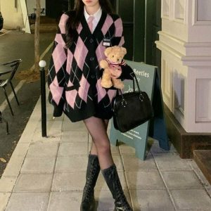 Y2K Grunge Argyle Pink Cardigan Sweater - Retro 90s Fashion, Summer Y2K Outfits