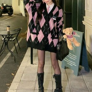 Y2K Grunge Argyle Pink Cardigan Sweater - Retro 90s Fashion, Summer Y2K Outfits