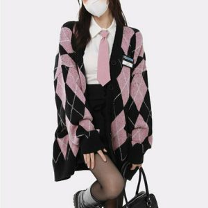 Y2K Grunge Argyle Pink Cardigan Sweater - Retro 90s Fashion, Summer Y2K Outfits