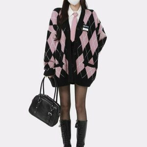 Y2K Grunge Argyle Pink Cardigan Sweater - Retro 90s Fashion, Summer Y2K Outfits