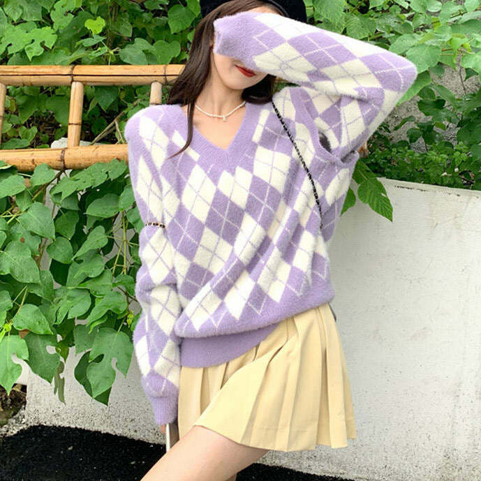 Y2K Grunge Argyle Sweater - Retro 90s Fashion, Summer Outfits, and Pastel Goth Style