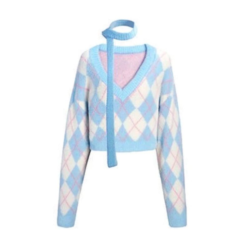 Y2K Grunge Argyle Sweet College Spring Pullover - Retro 90s Fashion, Y2K Summer Outfit