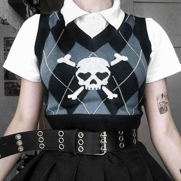 Y2K Grunge Argyle Vest - Retro 90s Fashion, Summer Y2K Outfits, Pastel Goth