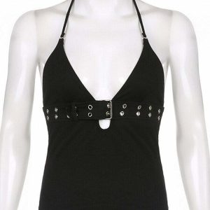 Y2K Grunge Backless Hollow Out Black Camisole - Perfect for 90s Summer Outfits & Parties