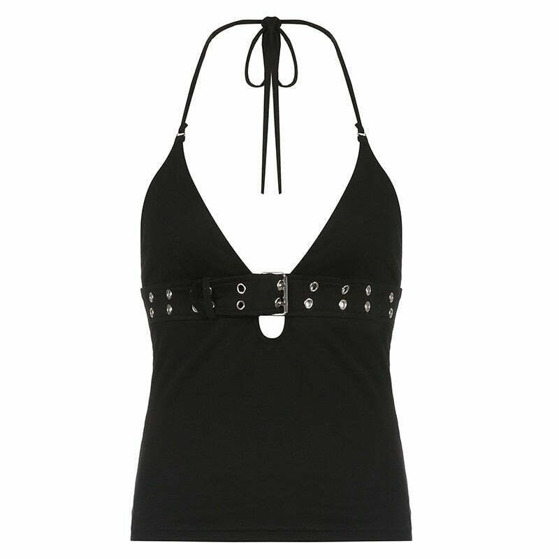 Y2K Grunge Backless Hollow Out Black Camisole - Perfect for 90s Summer Outfits & Parties