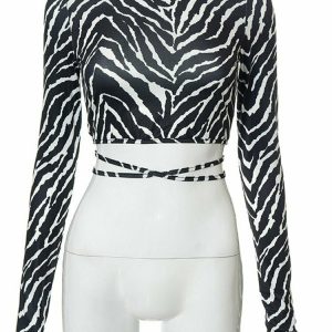 Y2K Grunge Backless Long Sleeve Zebra Crop Top - 90s Retro Summer Party Outfit